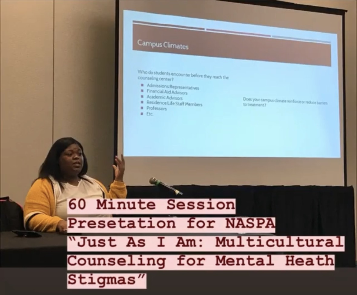 Tyra Steverson presenting 'Just As I Am: Multicultural Counseling for Mental Health Stigmas' at NASPA