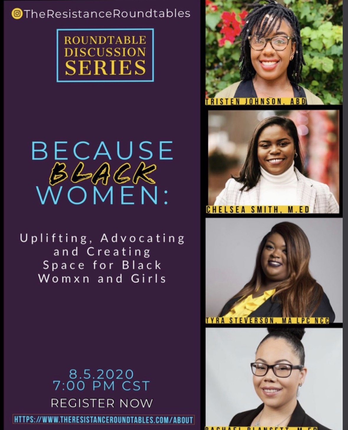 The Resistance Roundtables feature card: 'Because Black Women: Uplifting, Advocating and Creating Space for Black Womxn and Girls' featuring Tyra Steverson