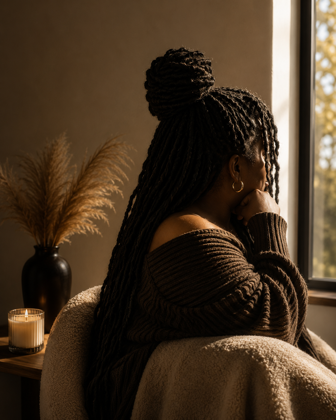 Black woman with braided hair sitting peacefully wrapped in a warm blanket by the window, practicing mindful presence