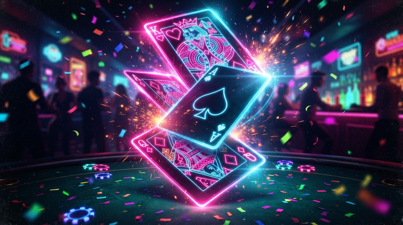 Rey Pedo — neon party playing cards flipping over a felt table