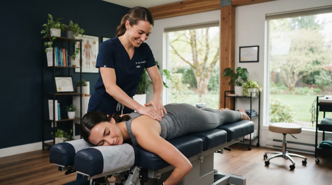 Dr. Aaron Hillman performing a gentle spinal adjustment on a relaxed patient in the Hillman Chiropractic clinic
