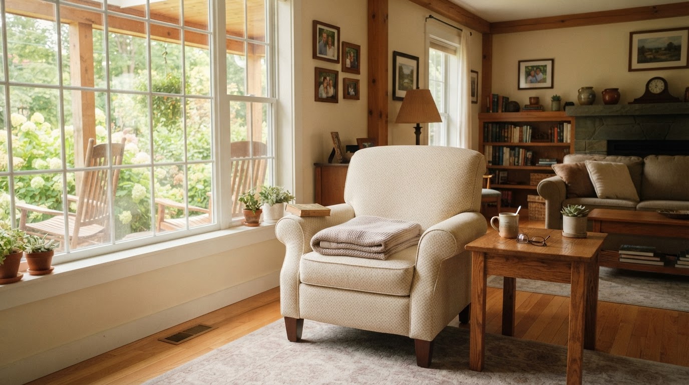 Warm, sunlit living room of a cozy senior-friendly home with a comfortable armchair and a garden visible through the window