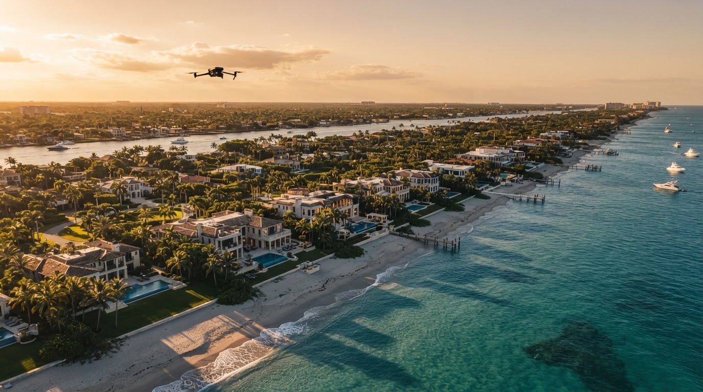Aerial golden-hour view of Palm Beach waterfront real estate captured by a Sotex Media drone