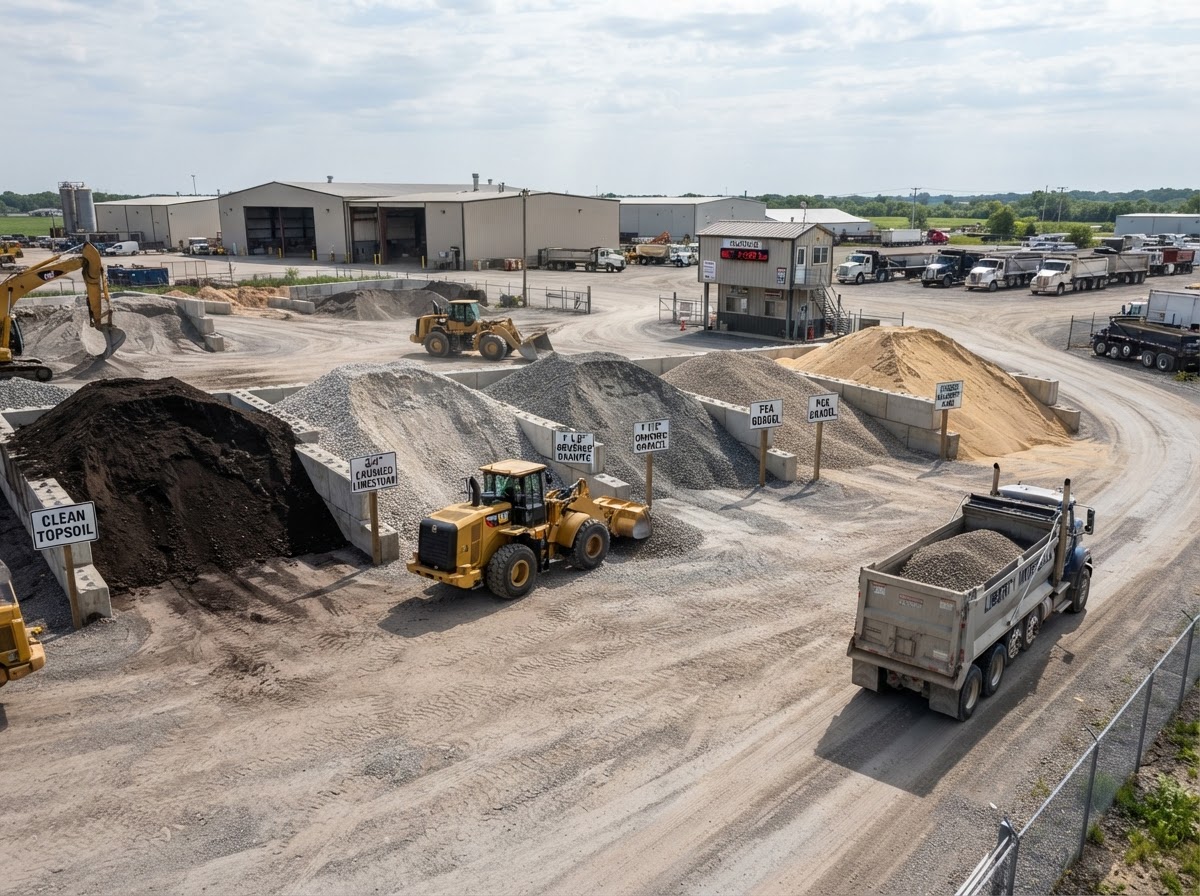 Crushed stone, sand, and clean fill aggregate stockpiles ready for jobsite delivery