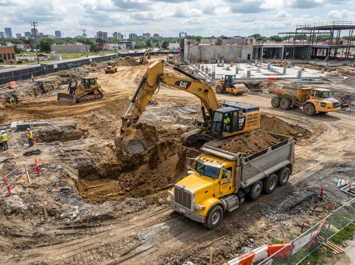 Hydraulic excavator and haul truck coordinating foundation earthwork on a commercial site