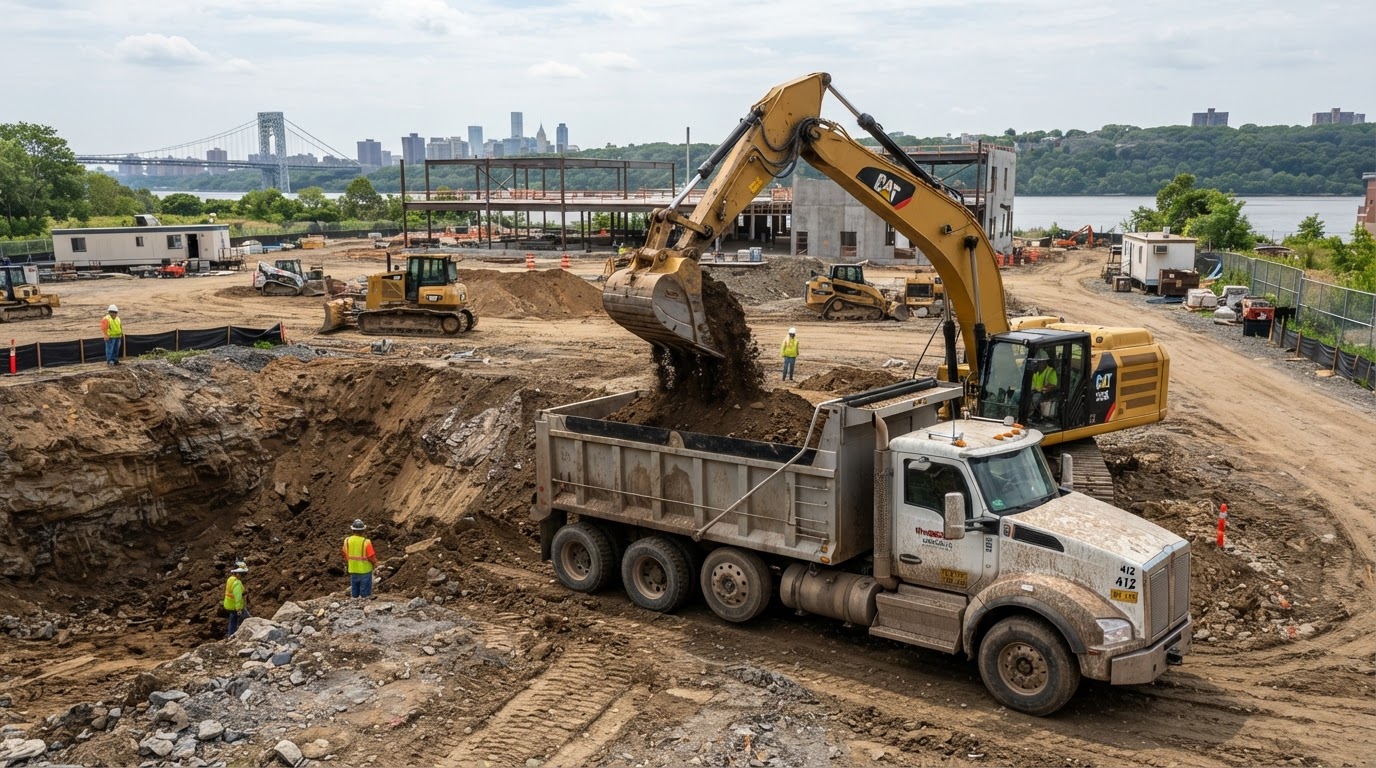 Tri-axle dump truck and excavator loading clean soil at a New Jersey commercial jobsite