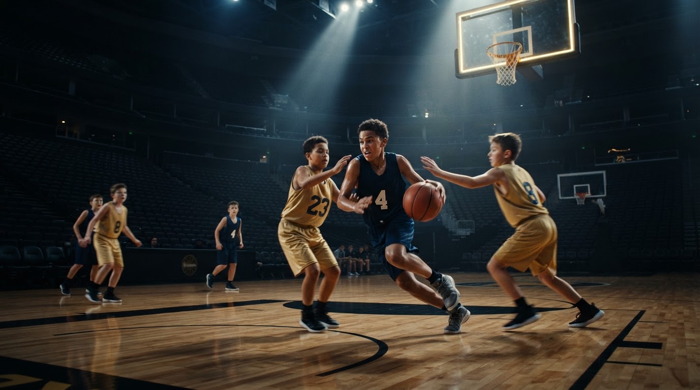 Young basketball players in action on a spotlight-lit hardwood court