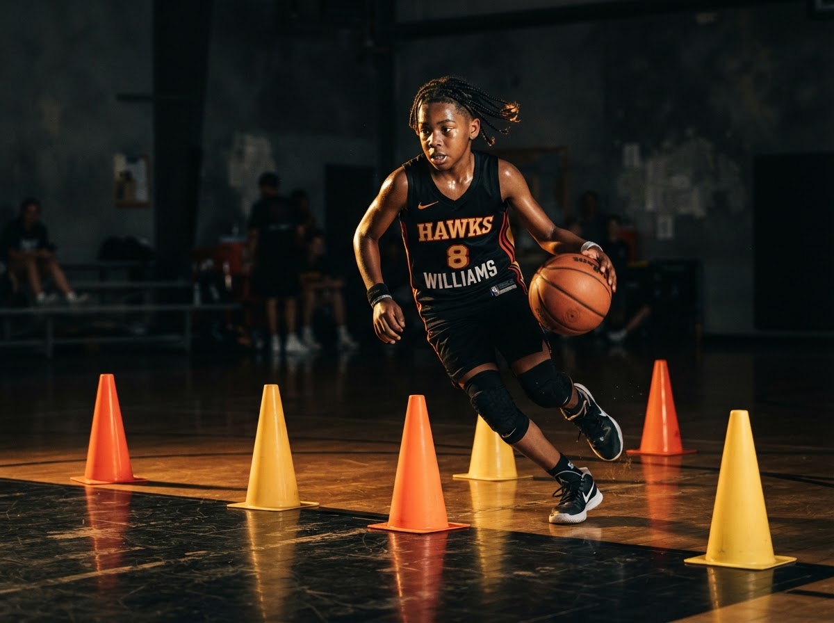 Young athlete rising for a jump shot