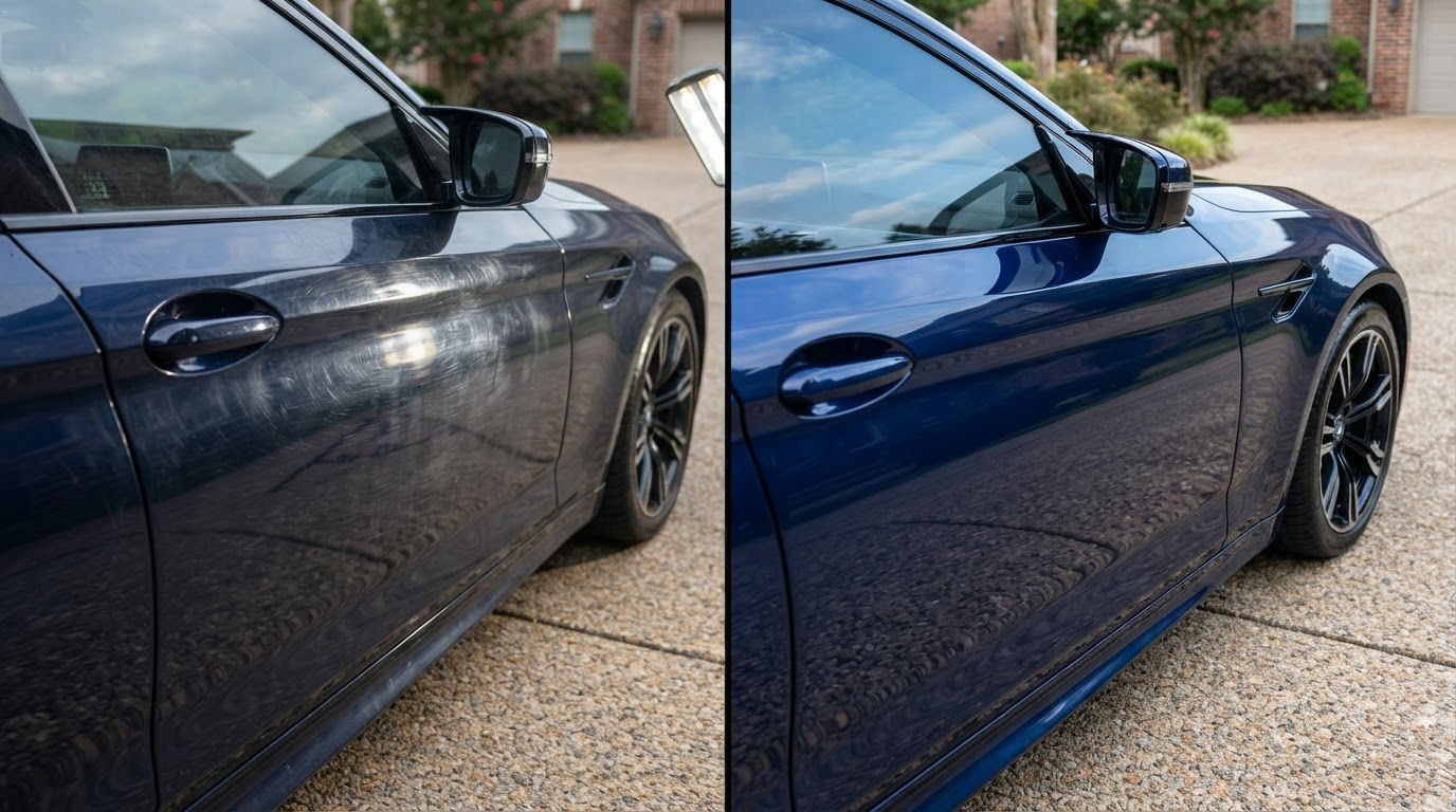 Before and after transformation of BMW M3 Competition (Tanzanite Blue II): Deep Swirl Mark Removal & Gloss Recovery
