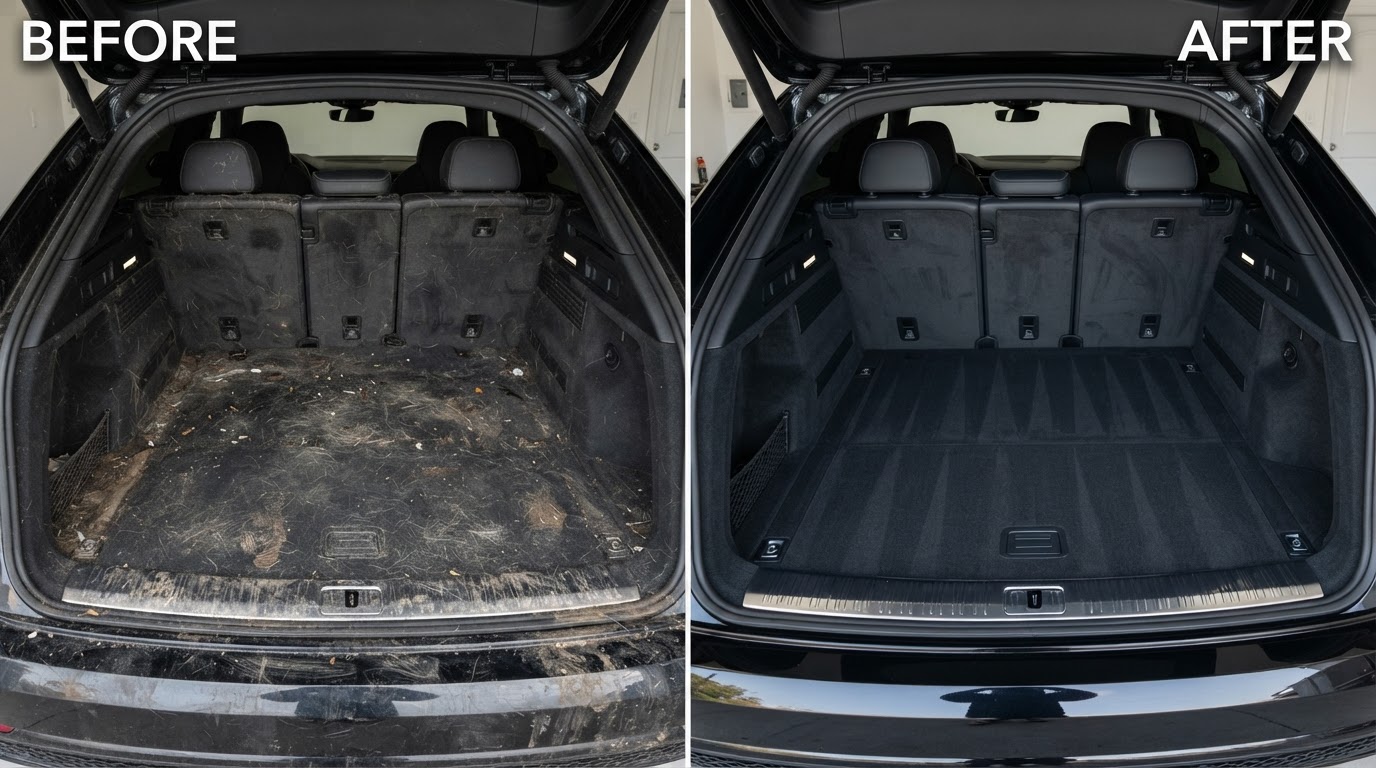 Before and after transformation of Subaru Outback (Charcoal Fabric): Dual-Dog Carpet Fiber Extraction