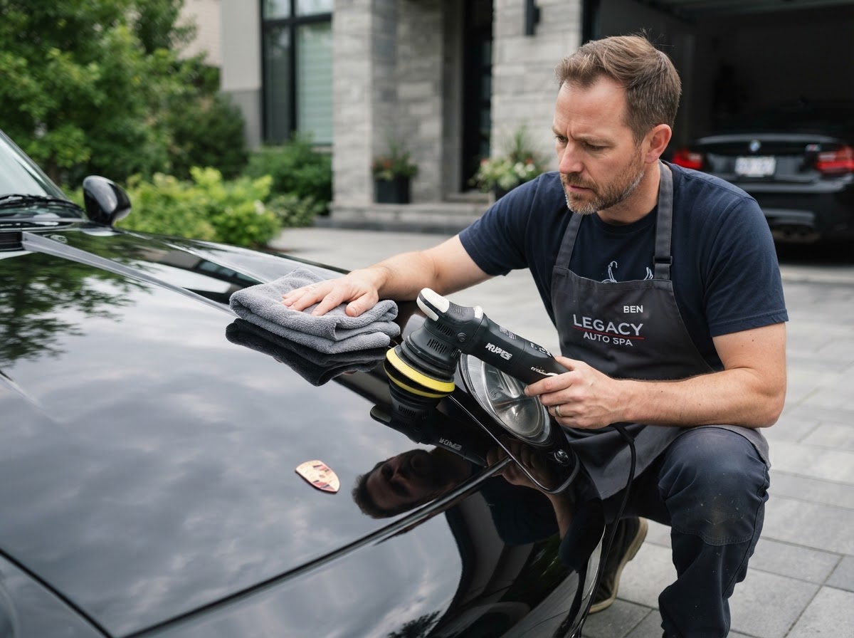 Mirrorwork Detailer inspecting high-gloss paint reflection on vehicle hood in a clean driveway