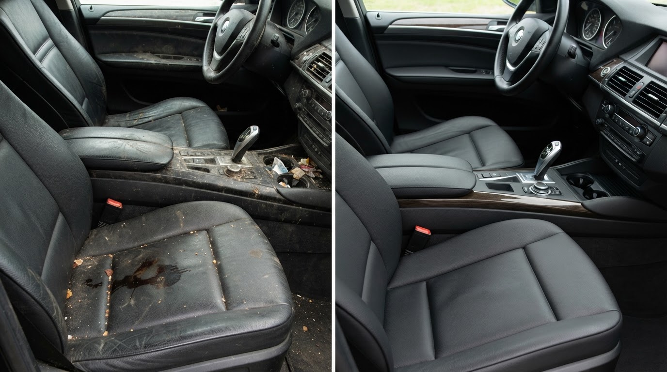 Before and after transformation of Audi Q7 Family SUV (Okapi Brown Leather): Full Leather Extraction & Console Sanitize