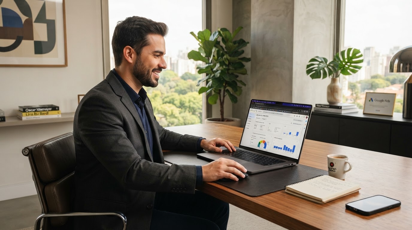 Ambiente de trabalho moderno com campanhas do Google Ads ativas