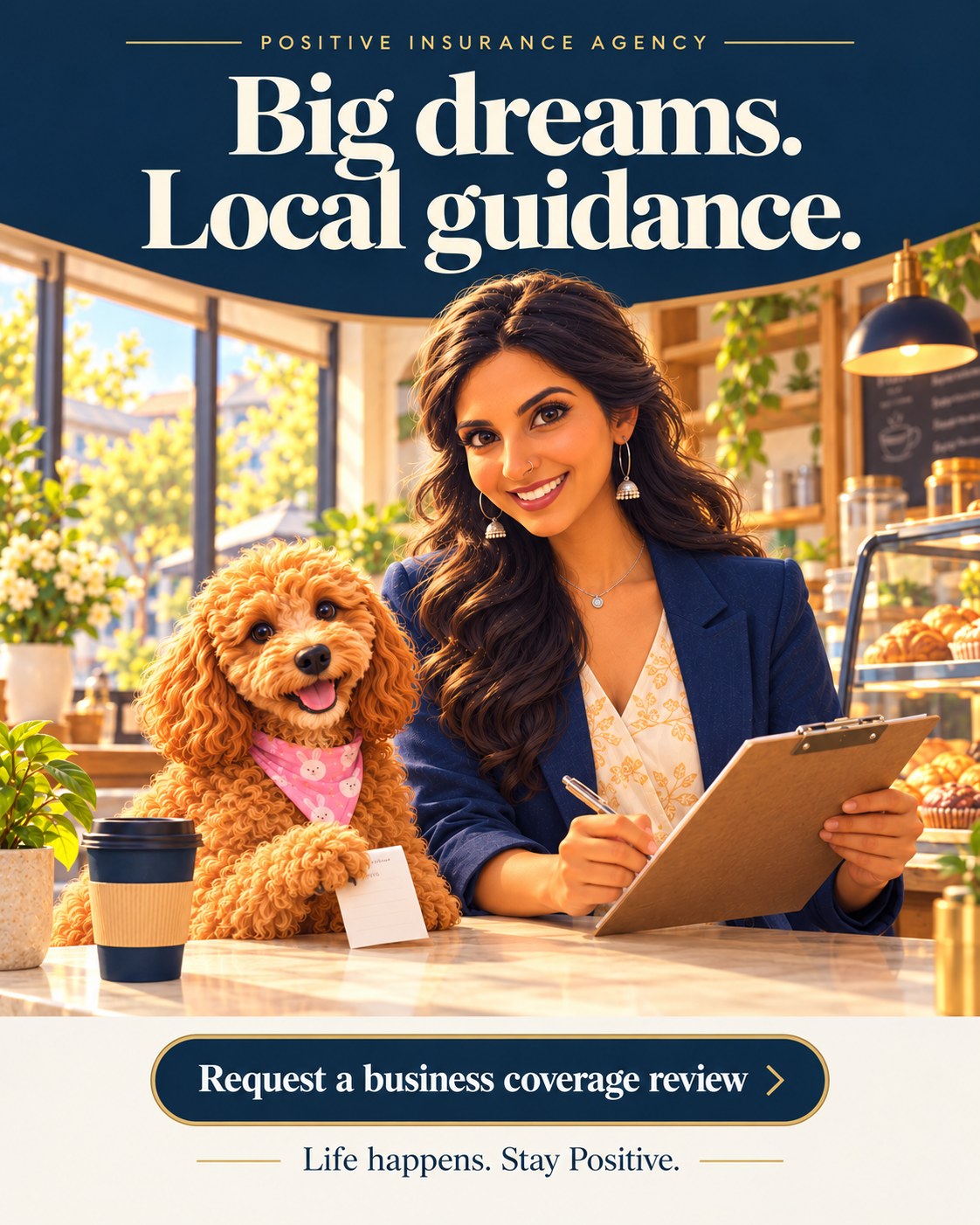 Business campaign draft artwork showing Priya and Maple